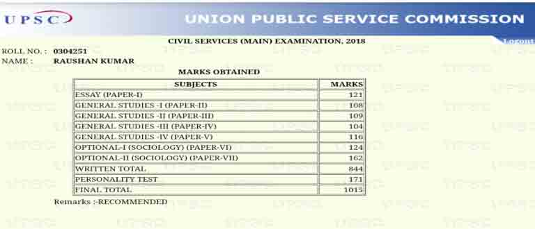 Raushan Kumar IAS Rank 114 Marksheet